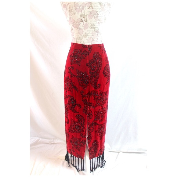 Muse Red Velvet Black Beaded Fringe Midi or Maxi Skirt 4 - Picture 8 of 8